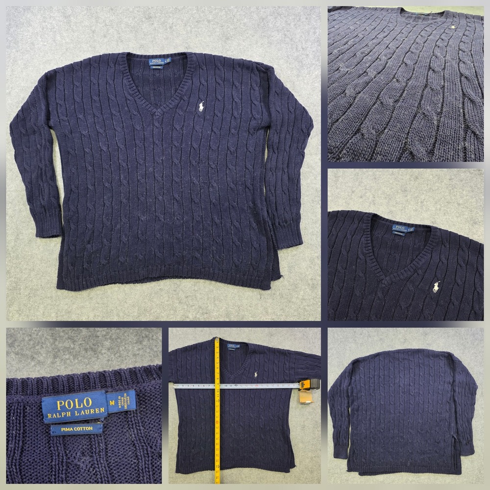 Polo Ralph Lauren Pima Cotton Sweater Womens Medium Navy Cable Knit V Neck Pony